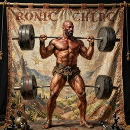 Ronnie Coleman lifting weights, painted on a medieval banner,