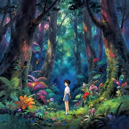 A beautiful composition of a psychedelic forest, rich details, artwork by Satoshi Kon and Yoshitaka Amano