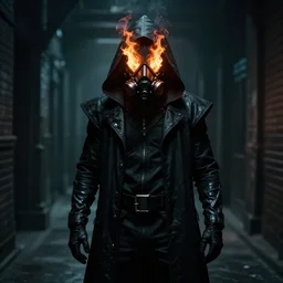 cyberpunk man wearing black metal respirator black cloak black hood burning eyes on fire ghost rider witch king of angmar ring wraith Bladerunner 2049 movie still (2017) style of Roger Deakins Jeremy Saulnier Newton Thomas Sigel Robert Elswit Greig Fraser trending dark hallway rtx on ue4 35mm Kodak Vision 2383 gritty atmospheric