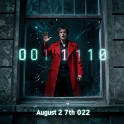 man in red coat standing outside window speaking prophetic messages. breaking out of the matrix. 0 0 1 0 1 1 0. august 2 7 th, 2 0 2 2, digital art, air of mystery, cinematic art