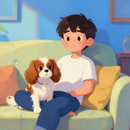 portrait of a cute person on a sofa with a cavalier king charles spaniel dog, relaxed, blue-walls, sunshine, pixar, art by loish, painting by artgerm