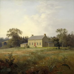 A serene landscape with a singular building in the style of Frederic Edwin Church.
