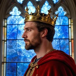detailed side - view portrait of a king, very short hair and very short beard, astral royal crown with small spikes, red coat gothic stained glass window, shiny blue background, very masterful, backlit