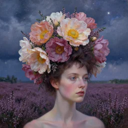 closeup, giant flowers as head mohawk, a woman in a heather field, surreal photography, starlight, storm clouds, impressionist painting, digital painting, artstation, simon stalenhag