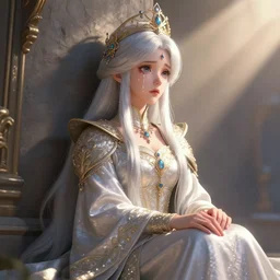 young royal princess with silver white hair, tears rolling down face, sitting against wall intricate silk clothing, fantasy, headpiece, digital 2 d illustration, 4 k, highly detailed, octane renderer, artstation trending, cinematic lighting, reflections, god rays, particles, micro detail, style of vurdem, dropdeadcoheed, tom bagshaw, artgerm