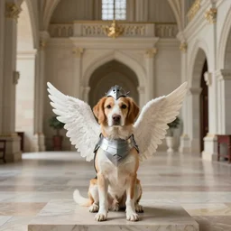 angelic dog knight in a castle hall, luxury and minimal atmosphere hyper - detailed, ultra - realistic, 8 k post - production photo real ultra high detail, cinematic lighting, wes anderson
