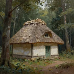 a painting of a close up of a single cottage with a thached roof in the woods and empty woods, 8k, fantasy, hyper realistic, atmospheric lighting, cinematic