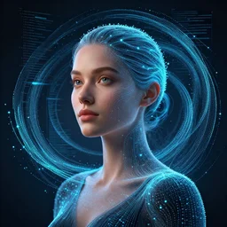 portrait of a woman inspired by data - driven art, three dimensional, generative, self - confidence, electrons, coding, particle waves, spirals