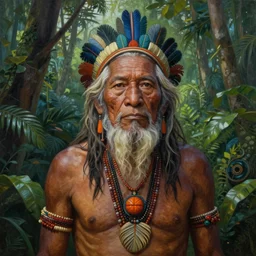 a beautiful painting of a very old indigenous grand-father in the amazon jungle, matte painting, fantasy art, ayahuasca, highly detailed