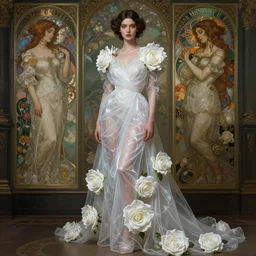woman dressed in a vaporous wrapped large  victorian white roses semi transparent silk  rose dress fashion, renaissance panorama behind her,D&D, fantasy, intricate, elegant, highly detailed, digital painting, artstation, concept art, matte, sharp focus, illustration, art by Artgerm and Greg Rutkowski and Alphonse Mucha