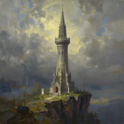 an oil painting of a tower on the edge of forever, fantasy, hyper realistic, atmospheric lighting, cinematic, 8k,