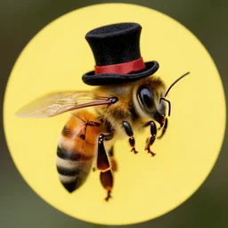close up shot of a honey bee wearing a top hat in front of a yellow circle
