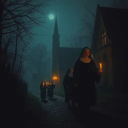 darkness nuns walking to the convent by candlelight in the night art by anders zorn, wonderful masterpiece by greg rutkowski, beautiful cinematic light, american romanticism thomas lawrence, greg rutkowski