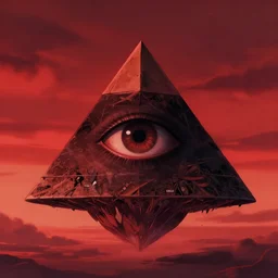 A big pyramid with an eye on it floating in the sky, red sky, sunset, eerie, scary, digital art made by Stanley Artgerm Lau, WLOP, Rossdraws, James Jean, Andrei Riabovitchev, Marc Simonetti, Yoshitaka Amano, ArtStation, CGSociety