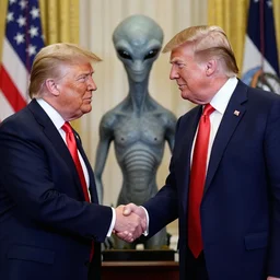 press photo of donald trump shaking hands with a gray alien
