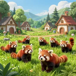 a group of red panda that are in the grass in front of fairy village, concept art by senior environment artist, cgsociety, furry art, artstation hq, playstation 5 screenshot