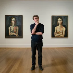a boring man standing in the middle of an empty room thinking about what he's going to do next, by lucian freud and jenny saville