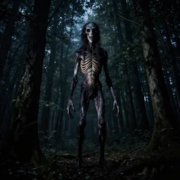 A tall skinny horrifying creature coming out of the dark woods at night