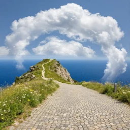 curled perspective digital art of curly clouds cobblestone street with wildflowers to a cliff in top of a deep blue see by anton fadeev