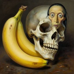 A very detailed surreal fantasy horror painting titled: \'Banana bones\' by Manjit Bawa and Salvador Dali, trending on artstation, hyper detailed, 4k, masterpiece, widescreen.