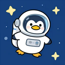 cute drawing of a penguin on an astronaut suit, helmet on, floating on space, cartoon disney style, solid color