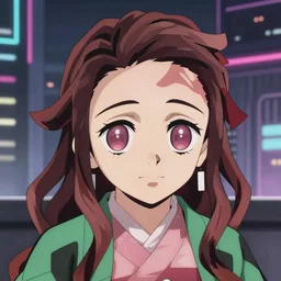 anime fine details portrait of Nezuko in front of cyberpunk moder city landscape on the background deep bokeh, close-up view, anime masterpiece by Studio Ghibli. 8k, sharp high quality anime, artstation