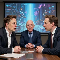 Illustration meeting between Elon Musk, Jeff Bezos and Mark Zuckenberg to create the great simulation by Greg Rutkowski, cgs society, very details, comic style, unreal engine, octane render, 8k