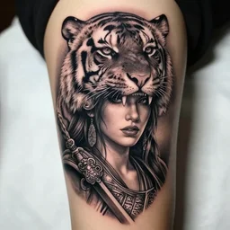 ! dream a realistic tattoo design of a beautiful warrior woman below a tiger head, highly detailed