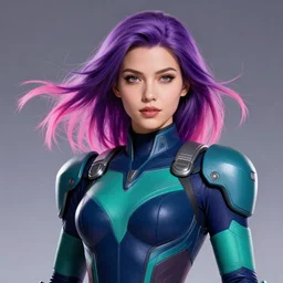 a stunning upper body portrait of a beautiful young woman wearing futuristic navy blue and teal battle bodyarmor with shoulder pads, ombre purple and pink hairstyle, hair blowing in the wind, by marvel comics, digital art, trending on artstation