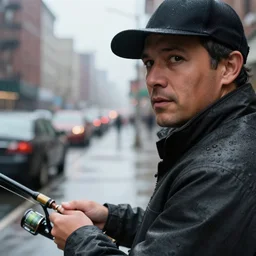 closeup portrait of a man fishing in a rainy new york street, photography, expression