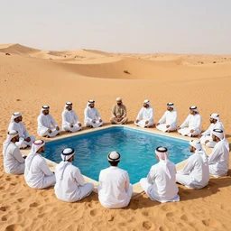 group of young bedouin people surrounding a manmade swimming pool in the sahara desert