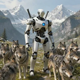 robot at the alps surrounded by pack of wolves, highly detailed, scifi, fantasy, highly detailed, digital painting, trending on artstation, concept art, sharp focus, illustration, global illumination, shaded, art by simon stalenhag