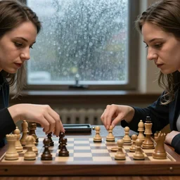 highly professionally detailed close-up of two women playing chess in ukraine. its raining outside and thundering window is visible. intricate portrait. 8k. wide shot. photography