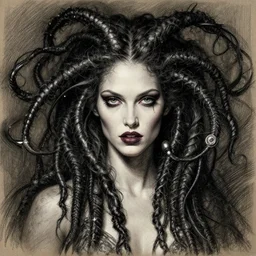portrait, attractive mutant gorgon, digital tempera and pastels, dramatic lighting, extremely high detail, pen and ink, intricate illustration, by stephen bradbury, frank frazetta, wendy froud, john picacio, artstation, wlop, pixiv