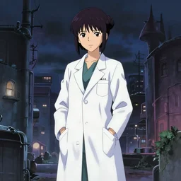 a full body portrait of a confident japanese girl scientist wearing lab coat with short hair with bun and fringes, finely detailed features, midshot, at a paranormal city, gapmoe yandere grimdark, trending on pixiv fanbox, painted by greg rutkowski makoto shinkai takashi takeuchi studio ghibli, akihiko yoshida