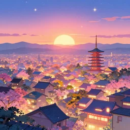 a colorful glowing heavenly japanese city, sunset, stars, pastel, artstation, digital art.