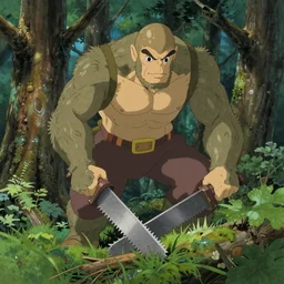 giant ogres holding saws and cutting down trees, fantasy, magical, unreal, by studio ghibli, matte painting