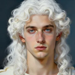 a beautiful close - up of a young white - haired! greek god apollo effeminate with very long curly hair and thin - eyebrows!, digital art by edward hopper, vibrant color scheme, highly detailed, in the style of romanticism, fine art, high detail, great lighting, 8 k resolution, masterpiece, concept art, illustration, clear eyes, soft lighting, soft details, painting oil on canvas, octane render, hdr, trending on artstation, 4 k, 8 k, hd
