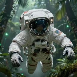 portrait close - up shot, of space astronaut flying inside tropical jungle with palm leaves, small fog and gloomy green lights, highly detailed science fiction illustration by jeremy geddes. photorealistic, octane render, hyper detailed, 8 k, movie still, artstation, unreal engine,