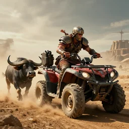 woodpunk, ancient indian on atv, buffalo chase ,attacking, action scene, an epic fantasy, dramatic lighting, cinematic, establishing shot, extremely high detail, photorealistic, cinematic lighting, artstation, octane render, by simon stalenhag, horizon forbidden west and mad max