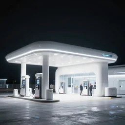 sci - fi gas station next to a glowing white clean sci - fi building, a sense of hope and optimism, hyper realistic, high res, 4 k, harsh light, edouard groult, bynde, kirill leonov, isaac zuren