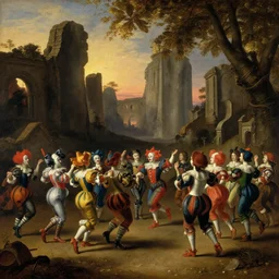 crowd of pulcinellas dancing in groups among giant renaissance ruins with stunning evening dusk sunlight dappled light and god rays, old dutch era master painting by hsiao - ron cheng, miho hirano, john singer sargent