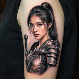 tattoo design of a hyper - realistic beautiful girl warrior, hyper detailed, in the design of eliot kohek, white background