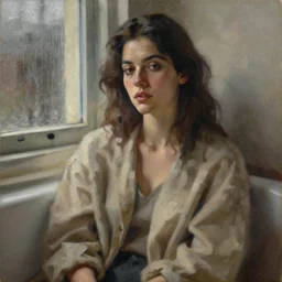 detailed portrait in comfortable femininity, ethnic, statuesque, relaxed realistic face, casual wear, cozy study bathed in morning light, chiaroscuro, radiosity, angular impressionism, contrasting highlights, calm neutral color scheme, rainy window dappled light, modern fashion, contemporary art, deep rich hues, oil on canvas