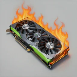 a painting by Wayne Thiebaud of an Nvidia GeForce RTX 3090 GPU that has caught on fire, GeForce RTX 3090 on fire,  cooling, high specs, ethereal!!!!!!!, by Wayne Thiebaud, neon gradient,  nvidia promotional image