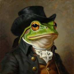 a head and shoulders portrait painting of an anthropomorphic!!!!!!!!!! frog!!!!!!!!!! wearing a colonial!!!!!!!!!! outfit without a hat looking off camera, a character portrait, neoclassicism, oil on canvas, dense brushstrokes