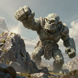 a stone golem hitting a mountain with his fist, greg rutkowski, 8 k, shallow depth of field, intricate detail, concept art,