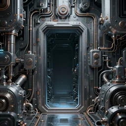 a rectangular doorway in the middle surrounded by complex machinery is a portal to another dimension. in the style of john berkey. trending on artstation and deviantart. digital art. sci - fi