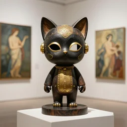 3 d octane render ultra 8 k photorealistic hyperdetailed unreal engine, a wooden sculpture, art toys on a pedestal, a very cute mystical mask robot of the bohemian with cat's ears in a zen rebelle black gold, concept art, trending on cgsociety, artwork masterpiece, in a contemporary art gallery in neo paris art by greg rutkowski and alphonse mucha