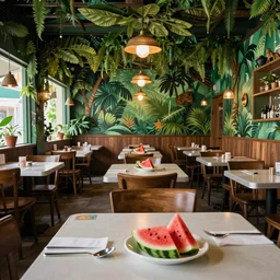 1 9 9 2 rainforest themed diner, tables repeat into the horizon, fruitcore, watermeloncore, one point perspective, americana, restaurant interior photography, 5 5 mm